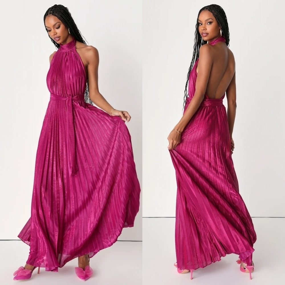 Lulus Everlasting Glow Shiny Magenta Pleated Halter Maxi Dress XS Wedding Party